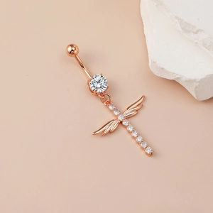 Rose gold belly button ring with angel wings cross pendant and sparkling zircon stones