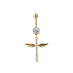 Gold belly button ring with cross pendant and crystal angel wings on white background