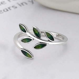 Adjustable silver leaf ring with green enamel leaves in a delicate forest nature design