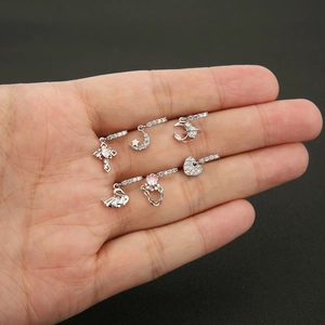 Set di piercing al naso argentati con ciondoli in zircone cuore luna e farfalla