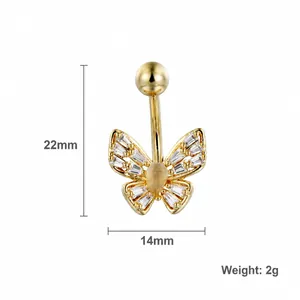 Detalle de piercing de ombligo mariposa dorada con dimensiones 22mm por 14mm y peso de 2g