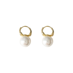 Elegant gold hoop earrings with white round pearl pendants on a clean white background