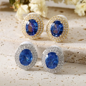 Französische Vintage Oval Königsblau Zirkonia Ohrclips Doppel Halo Kupfer Galvanisiert Gold Silber Für Damen Eleganter Schmuck
