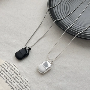Minimalist perfume bottle pendant necklace with silver and black beads long sweater chain