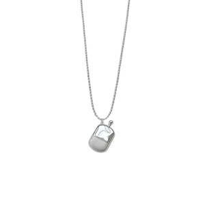 Minimalist silver perfume bottle pendant necklace with ball chain on white background