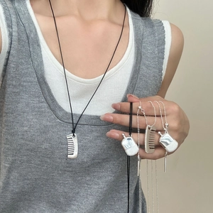 Collar con Colgante de Peine y Tetera Retro Creativo para Mujer Cobre Plateado Ajustable Cuerda de Cera de Cuero Cadena de Metal Joyería