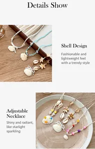Détail du collier de perles étoile de mer et coquillage avec cordon réglable de plage