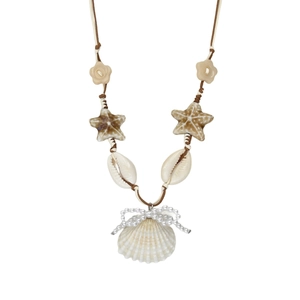 Collier de plage bohème avec pendentifs étoile de mer, coquillage et nœud en perles