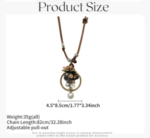 Plan détaillé des dimensions du pendentif perle fleur vintage avec cordon de 82cm