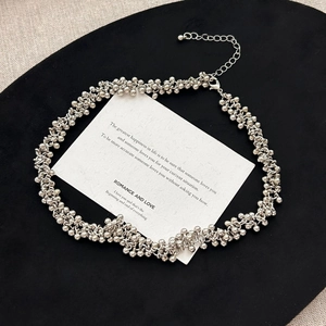 Elegante zilveren kralen choker ketting met verstelbare ketting op fluwelen display