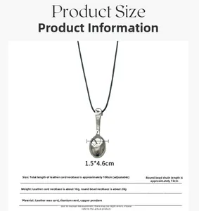 Detailed view of silver spoon pendant dimensions and adjustable black cord necklace