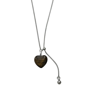 Collier avec pendentif cœur en oeil de tigre et chaîne serpent argentée ajustable