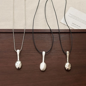 Minimalist silver spoon pendant necklace with leather cord and metal bead chain options