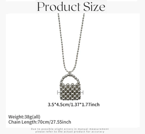 Detail of silver beaded handbag pendant necklace with 70cm chain and size specs