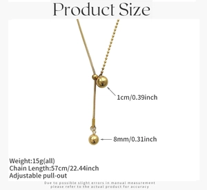 Detail van de verstelbare gouden titanium stalen ketting met bolhangers en afmetingen
