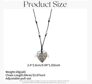 Detailed size specifications for silver heart pendant with black adjustable cord necklace