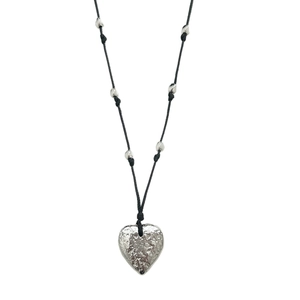 Minimalist adjustable heart necklace with hammered silver pendant and black cord string