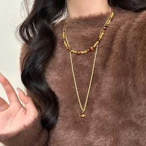 Vintage Tijgeroog Steen Hanger Ketting Vergulde Koperlegering Gelaagde Kralen Trui Ketting Voor Vrouwen Sieraden Cadeau