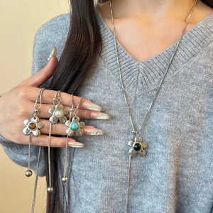 Edelstahl Blumen Anhänger Halskette Für Damen Lange Y-Form Verstellbare Quasten Pulloverkette Natur Tigerauge Türkis Perle Eleganter Schmuck