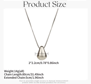 Polished silver teardrop pendant with dimensions 2x2.2cm on 80cm long box chain