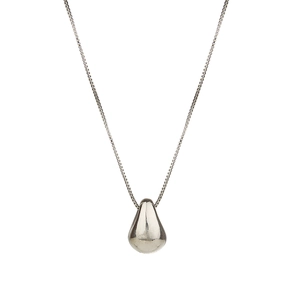 Polished stainless steel teardrop pendant necklace with fine box chain on white background