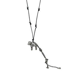 Puppy tassel pendant necklace with silver metal finish and stylish woven rope chain