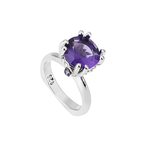 Elegante anillo de plata S925 con gran circonita amatista púrpura en engaste de corona