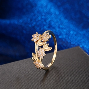 Elegant gold flower ring with micro-set zircons and S925 silver stamp details