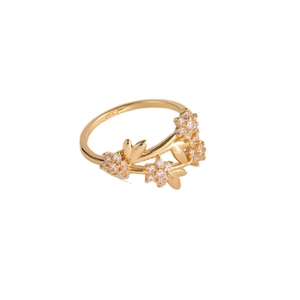 Detail showing S925 hallmark on gold leaf ring with micro-set zircon flowers