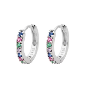 Close-up of S925 sterling silver huggie earrings featuring vibrant multi-colored zircon stones