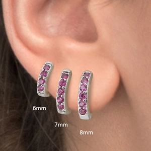 Detailed comparison of 6mm, 7mm, and 8mm silver hoop earrings with purple zircons