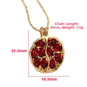 Detailed view of pomegranate pendant with red stones showing 23.5mm height and 45cm chain