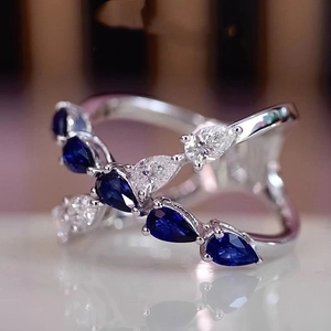 Trendy X-Cross Two Tone Pear Cut Zirconia Copper Ring Blue White Water Drop Inlaid Band For Women Party Fashion Jewelry