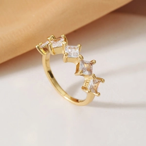 Minimalist Gold Plated Copper Ring For Women Square Cut Zirconia Rhombus Geometric Stackable Fashion Jewelry Finger Ring