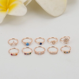 Set di 10 anelli per naso e orecchini in oro rosa con zirconi colorati e varie forme