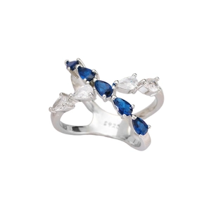 Classic crossover S925 silver ring featuring blue and white pear cut waterdrop stones