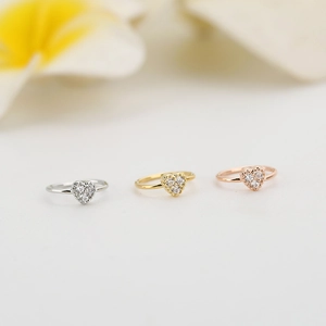 Dettaglio macro di anelli per piercing a cuore in argento oro e oro rosa con zircone