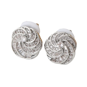 Elegant silver zircon rotating clip-on earrings with shimmering geometric spiral design
