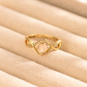 Minimalist Gold Plated Copper Ring Round Pink Synthetic Moonstone Inlaid Zirconia Cross Infinite Band Ring Women Jewelry