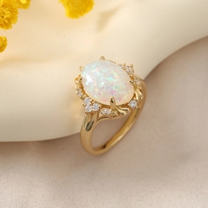 Elegant gold-plated oval white opal ring with small zircon flower petals for women