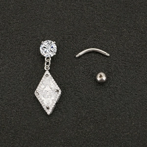 Sparkling diamond-set rhombus belly button ring in polished stainless steel for women