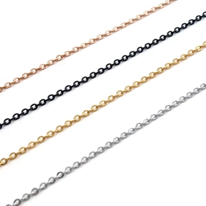 Detail view of 1.5mm stainless steel rolo chains in rose gold, black, gold, and silver