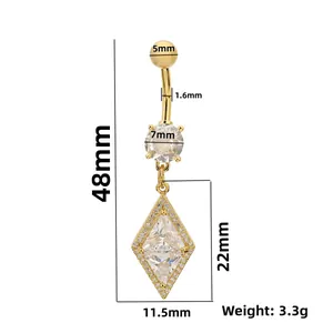 Gold diamond rhombus belly button ring with tassel detailing and dimension specifications