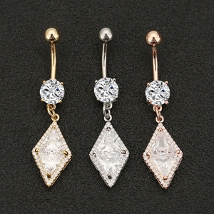 Stainless Steel Rhombus Zirconia Belly Button Ring Inlaid Clear Rhinestone Navel Piercing Body Jewelry For Women Fashion