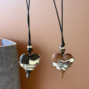 Vintage Stainless Steel Ebony Wood Heart Pendant Necklace For Women Gothic Cross Wrapped Design Adjustable Long Chain Jewelry