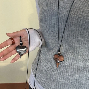 Silver vintage wrap heart ebony pendant necklace set with black and brown wood colors