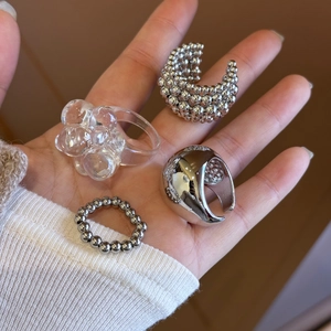 Minimalistisches Silber Titanstahl Perlenring Set Transparentes Harz Blase Trauben Ring Vintage Modeschmuck Für Damen