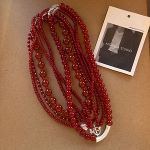 Red agate multi-layer beaded necklace with heart pendant and silver OT buckle closure