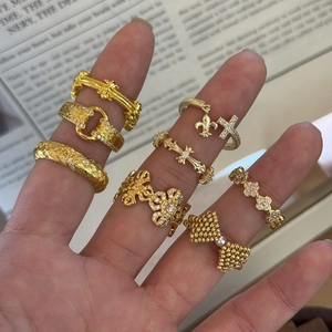 Vintage Copper Zirconia Adjustable Open Rings For Women Gold Plated Cross Clover Flower Horsebit Style Fashion Finger Jewelry