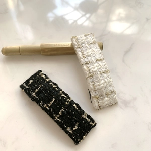 Elegant tweed fabric BB hair clips in black and cream white with gold thread weaving